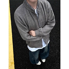灰色假两件开衫毛衣外套男秋冬cleanfit美式慵懒松弛感纽扣针织衫，男装针织衫/毛衣，星座506A