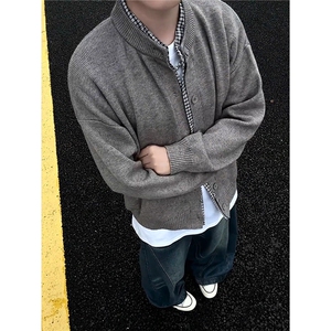 灰色假两件开衫毛衣外套男秋冬cleanfit美式慵懒松弛感纽扣针织衫图片