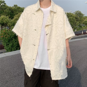 夏季新款宽松美式复古新中式肌理感毛边金属扣短袖衬衫~CS177-p55图片