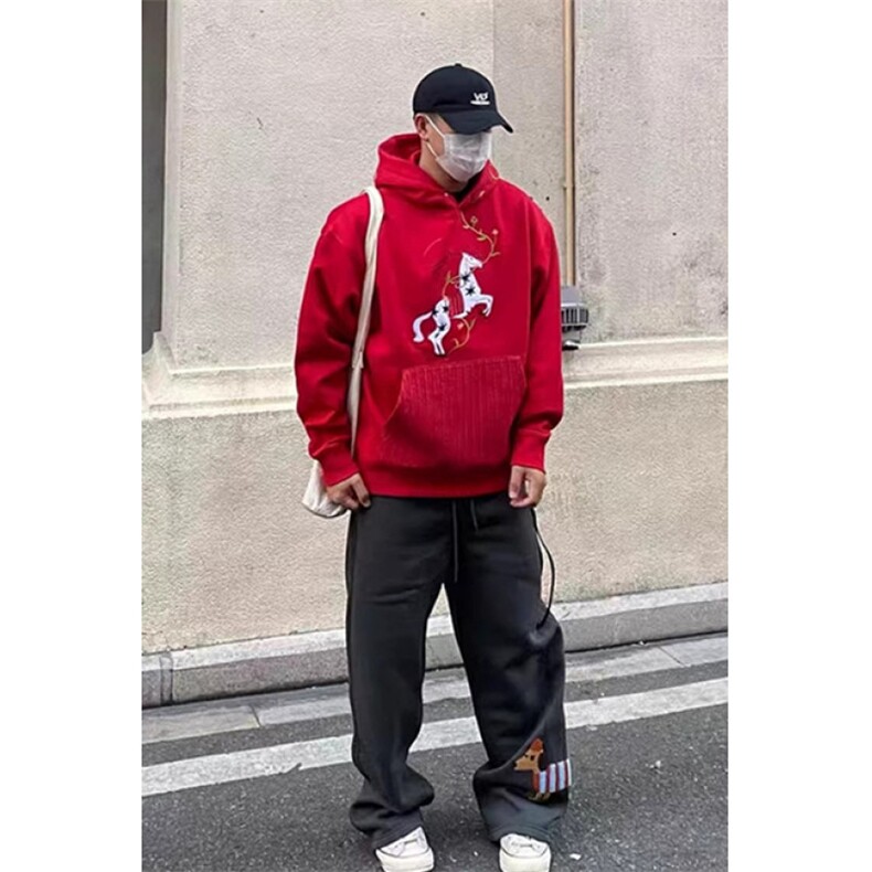 加绒加厚纯棉面料马年衣服红色刺绣连帽卫衣WV1021,男装卫衣,星座1116A（原606A-3）
