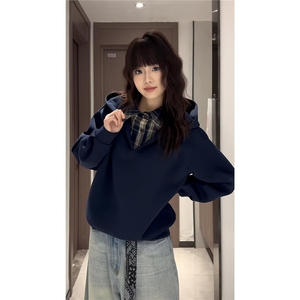 假两件V领卫衣男秋季小众设计感外套美式重磅加绒连帽衫图片