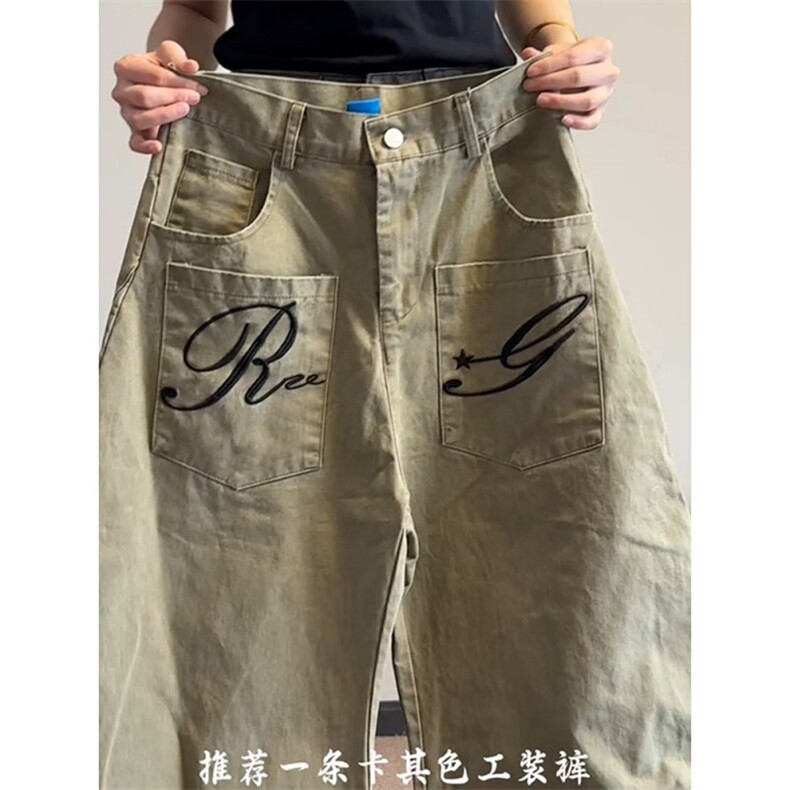 网图现货复古宽松阔腿刺绣弯刀裤做旧水洗休闲工装裤R2511-P65,男装工装外套,星座1005-4
