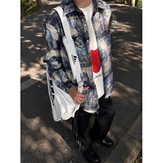 水墨晕染格纹衬衫外套做旧破坏扎染毛边格子长袖衬衣CS001-P65，男装衬衫，星座908