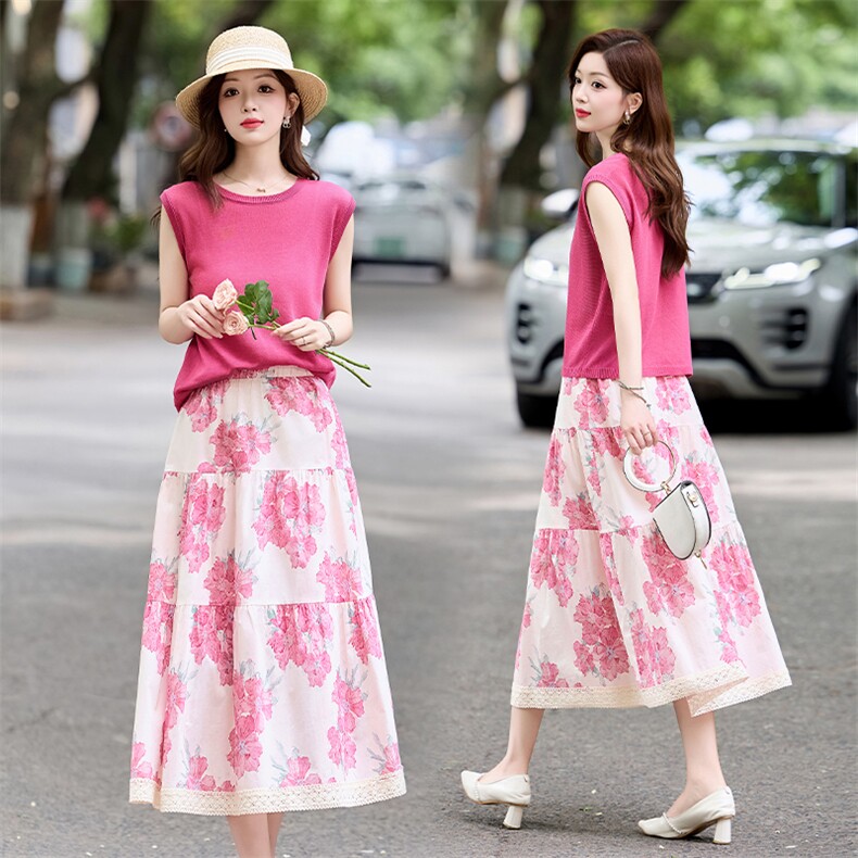 T恤碎花半身裙两件套装女2025夏季新款高级感减龄时尚套装连衣裙，女装套装/套裙，采品优优