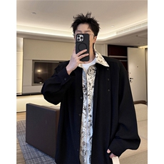 潮流休闲花卉印花领翻领假两件休闲长袖衬衫上衣男潮特P52，男装衬衫，电商B319