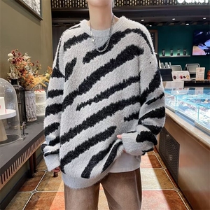 水貂绒斑马纹毛衣男冬季美式复古慵懒风针织衫加厚保暖高级感外套图片