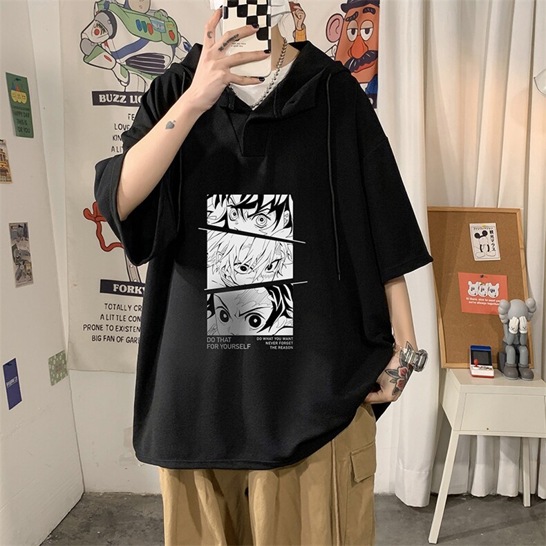 LD54176-P45连帽短袖t恤男大码胖子带帽五分袖中袖海报风,男装T恤,电商A040