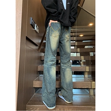美式ins高街hiphop重工艺水洗微喇复古蓝牛仔裤货号K2320P55控78，男装牛仔裤，电商A063