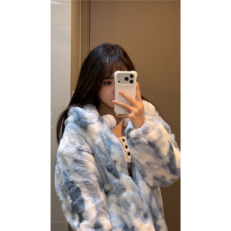 秋冬男士兔毛扎染棉衣外套冬季潮牌宽松连帽加厚保暖棉服特批108图片