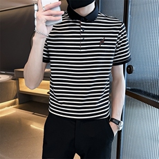 经典条纹翻领T恤短袖Polo衫弹力时尚高级感上衣T0270-P50，男装T恤，电商D342