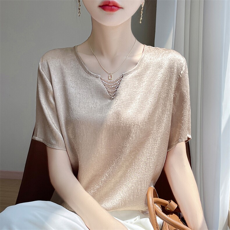 夏季新款缎面褶皱肌理圆领短袖女宽松百搭显瘦时尚休闲上衣,女装T恤,佳绒高端店