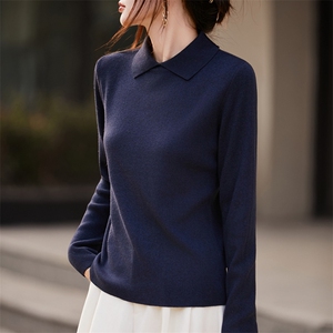 淑女风翻领针织衫女2025新款法式高端灰色长袖内搭毛衣显瘦打底衫图片