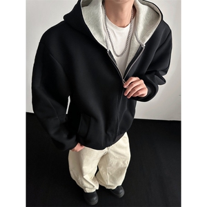 WY809-尺码M-3XL-特P55-460克拼色开衫卫衣连帽宽松外套