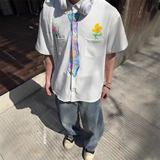 男学院风花卉涂鸦短袖衬衫白色CSA361-P36，男装T恤，星座208-5
