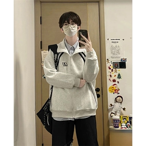 抖音得物高品质秋冬美式重磅结构织带撞色立领印花卫衣外套AW7001图片
