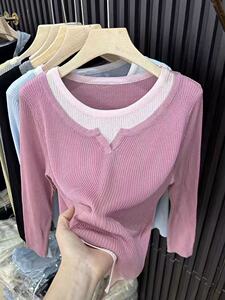 显瘦时尚百搭抽条圆领拼色假两件打底衫女款图片