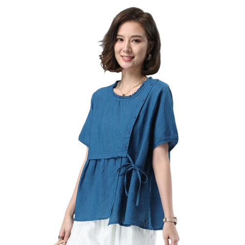 2021夏季新款花边领圆领抽绳衬衫时尚宽松显瘦短袖上衣，女装衬衫，叶笙衣
