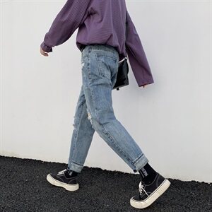爆款主推2021春夏季牛仔裤男青少年休闲新款港风破洞裤子图片