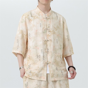 2025夏季新款风男装盘扣新中式唐装竹叶印花衬衫C110-P50,盐城去哪里买时尚男装搭配图片