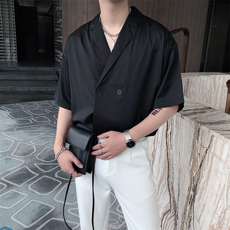 夏季男装高级感小众设计垂感禁欲系西装领短袖衬衫男潮CS299-P58,男装T恤,电商B267
