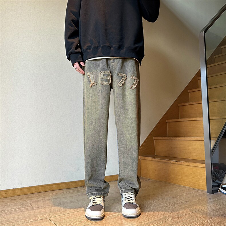 春款刺绣水洗做旧牛仔裤男宽松直筒美式高街长裤子复古N08139-P45,男装牛仔裤,星座308B-1