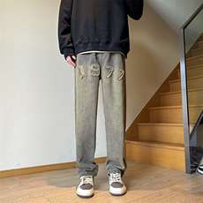 春款刺绣水洗做旧牛仔裤男宽松直筒美式高街长裤子复古N08139-P45，男装牛仔裤，星座308B-1