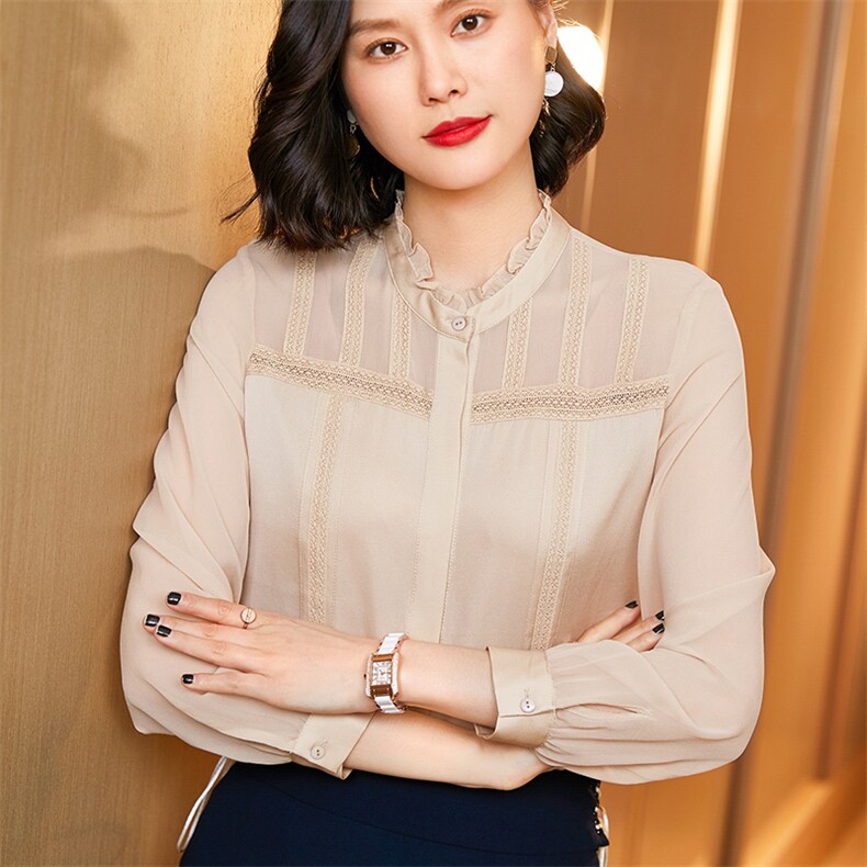 时尚优雅木耳边真丝衬衫女长袖显瘦气质百搭上衣，女装衬衫，宋氏羊绒