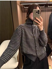 2025年秋季时尚百搭去简约休闲灰色条纹高领，女装针织衫/毛衣，晨旭羊绒