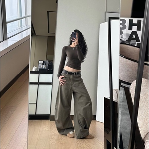 美式复古美拉德棕色弯刀牛仔裤男女直筒阔腿长裤K9004-P58网络图图片