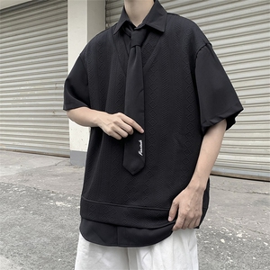 夏款男假两件短袖衬衫提花宽松五分袖衬衣送领带CS1271 P40图片
