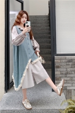 学院风穿搭娃娃领蓝色背带连衣裙女春秋超火好看高级小众长裙套装，女装套装/套裙，2C056
