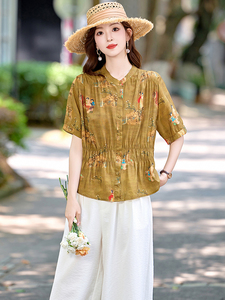 时尚休闲棉麻套装女2025夏新款复古印花褶皱收腰衬衫阔腿裤两件套图片