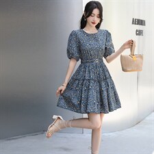 【现货】碎花纯棉小个子连衣裙高腰显瘦a字裙2024年夏季新款，女装连衣裙，美沁