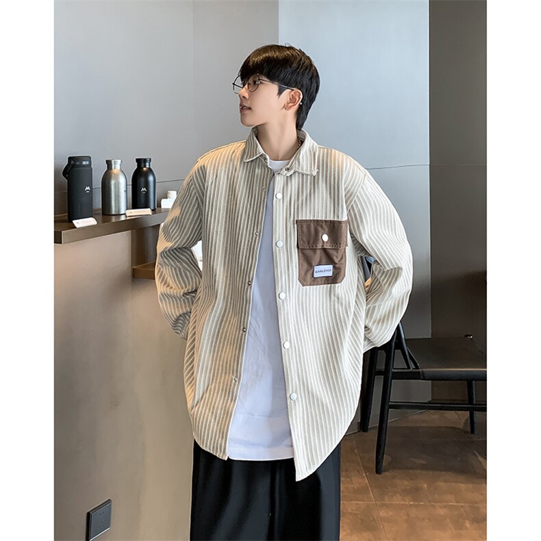 竖条纹衬衫男士韩版潮流口袋拼色个性帅2024秋冬ins外套CY988-P48,男装衬衫,星座412-3