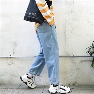 2021春夏港风男生宽松牛仔裤潮九分裤束脚宽松休闲潮裤K57P30图片