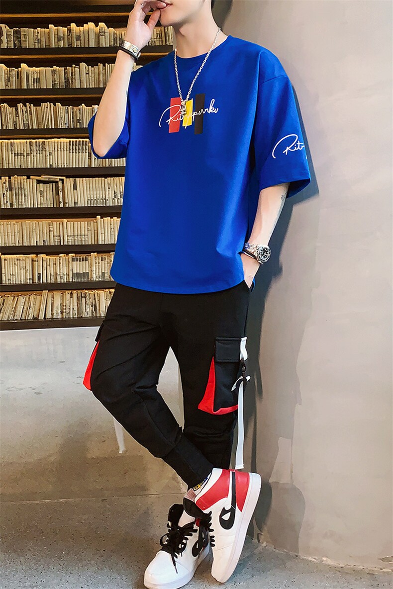 新款夏季棉质短袖t恤男潮流帅气宽松工装裤套装男上衣F17475,男装休闲套装,电商A086