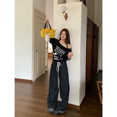 美式设计感波点抽绳休闲裤男女宽松百搭直筒牛仔长裤LNK0077-P50，男装牛仔裤，星座1008