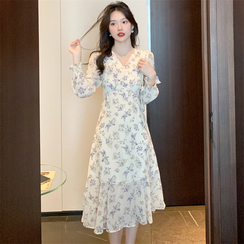 款法式碎花裙V领连衣裙雪纺长袖修身气质长款长裙子女秋季,女装连衣裙,美吧服饰