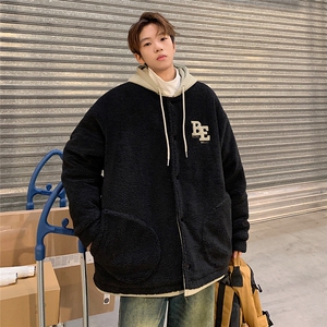 EQ334 字母绣花拼接撞色羊羔毛外套男冬季加厚棉衣港风潮流棉服图片