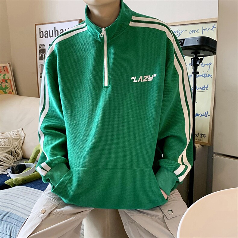 新款港风POLO衫立领华夫格印花卫衣休闲套头PL3325-P40控68,男装卫衣,星座717
