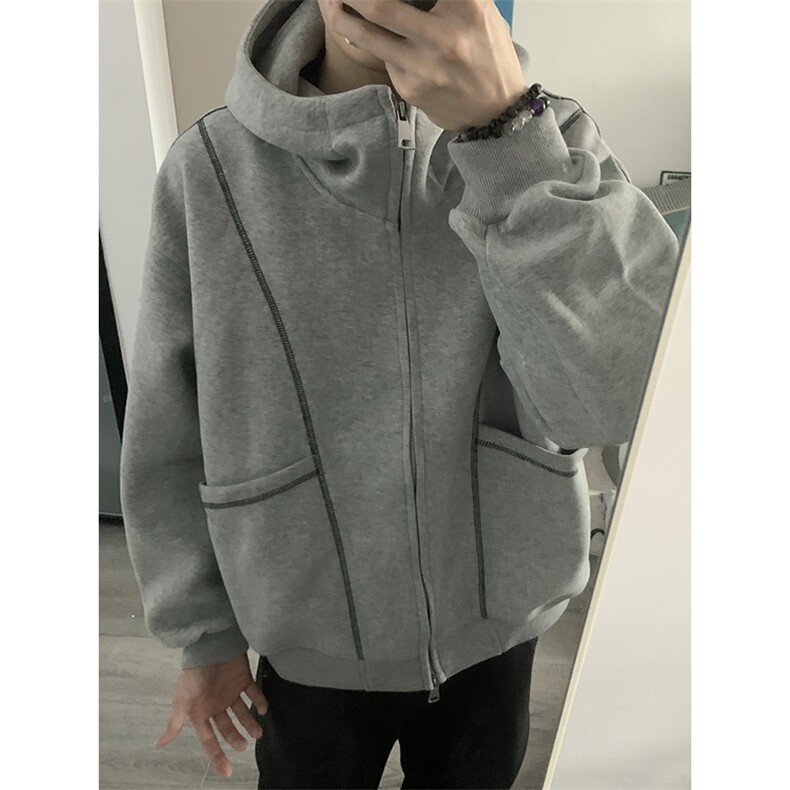 抖音得物高品质秋冬美式高街重磅结构辑明线纹理连帽卫衣外套W111,男装卫衣,电商A486