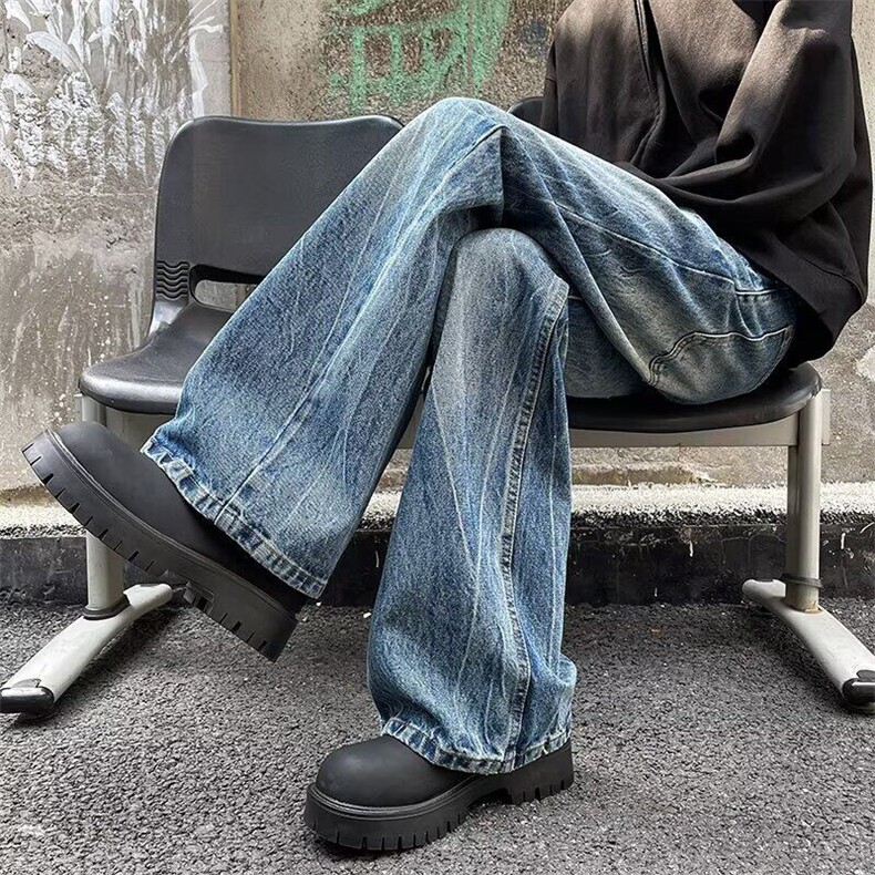 新款潮流设计感闪电裂纹水洗牛仔裤复古直筒微喇裤子男女NK800,男装牛仔裤,星座601-1