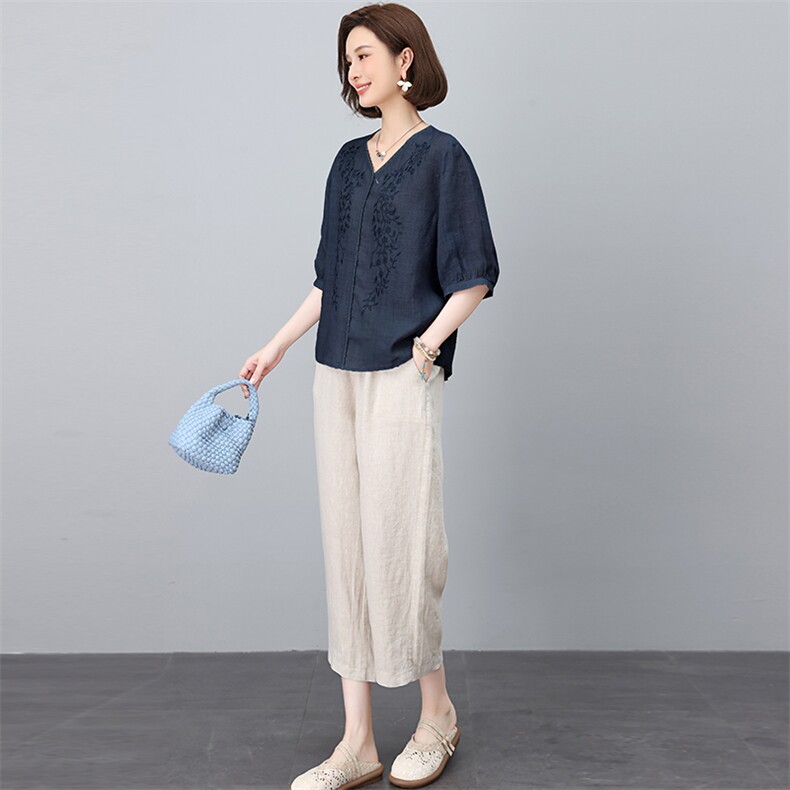 苎麻短袖衬衫套装女夏2025新款中年妈妈宽松棉质亚麻休闲裤两件套,女装套装/套裙,独衣靓