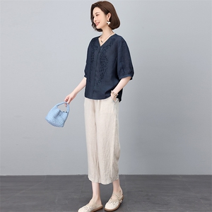 苎麻短袖衬衫套装女夏2025新款中年妈妈宽松棉质亚麻休闲裤两件套图片