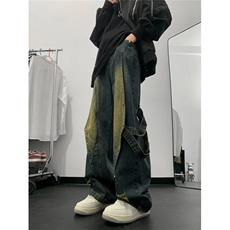 高街oversize拼接牛仔裤设计感青年宽松直筒阔垂感腿长裤~KZ1659，男装牛仔裤，星座601-2