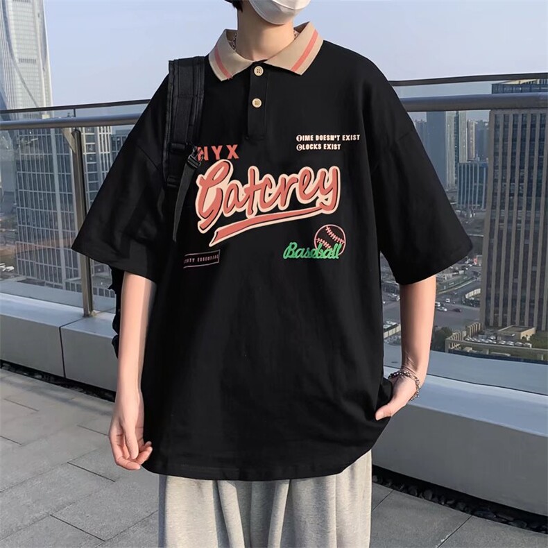 夏季ins潮牌宽松百搭五分短袖撞色翻领古着polo衫 T1064-P30图片