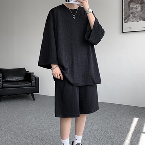 8XL-M 高级感纹理短袖套装男夏季慵懒风T恤短裤两件套TZ108P78图片