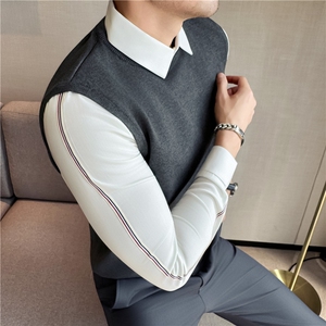 秋冬针织衫手臂织带条纹拼接设计感衬衫领毛衣假两件男M2130-P93图片