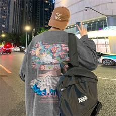直播品质重磅纯棉美式蜡染水洗做旧潮牌宽松长袖t恤CT313特P38，男装T恤，电商A486