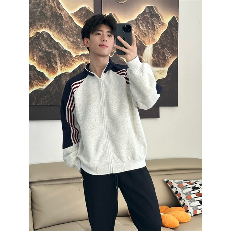 抖音得物高品质 美式高街重磅结构织带拼接撞色立领卫衣外套 CM41图片